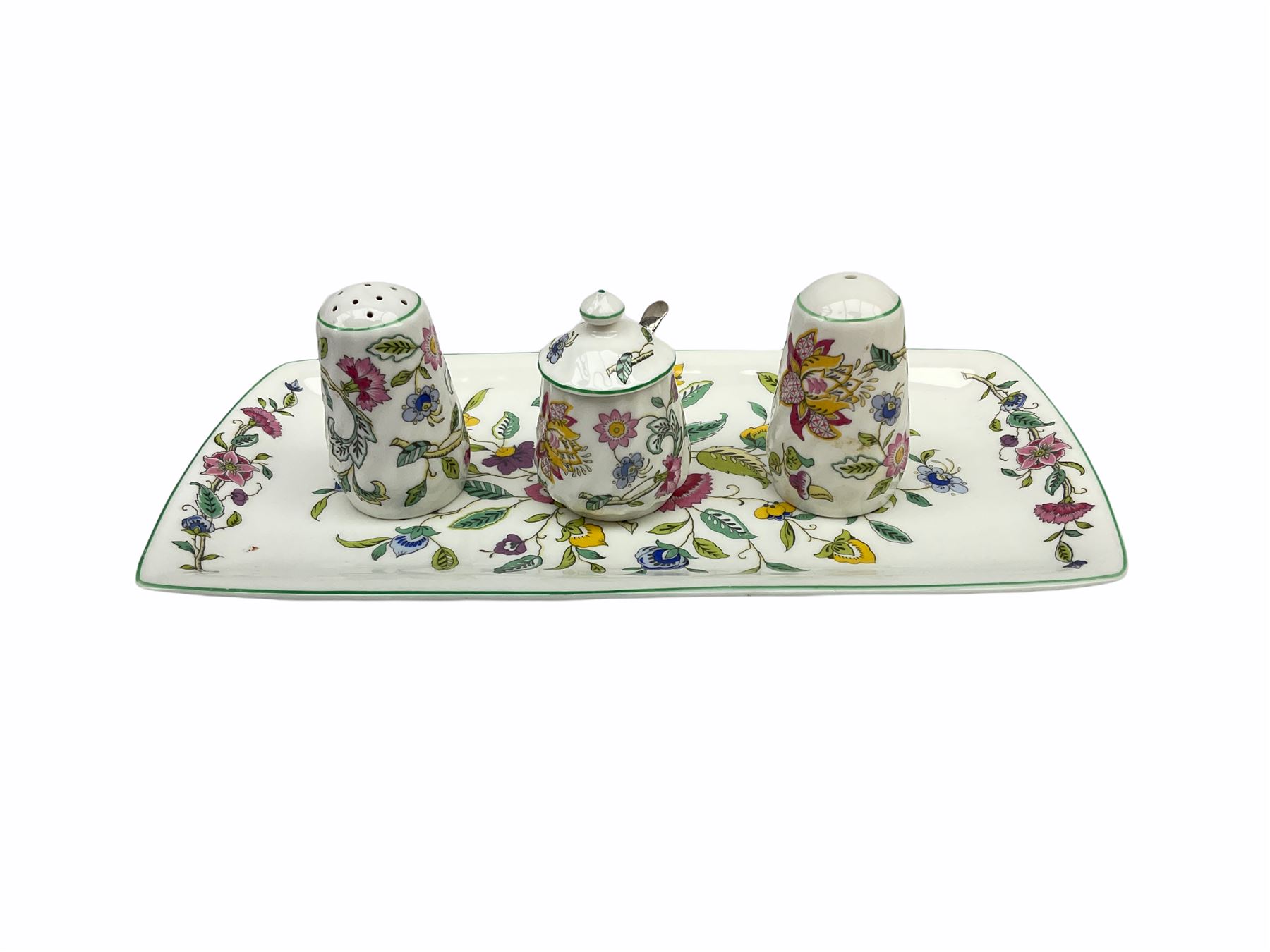 Minton Haddon Hall pattern tea and dinner wares, including basket dish, two covered tureens, six dinner plates, eight dessert plates, twelve tea plates, six soup bowls, six cereal bowls, teapot, coffee pot, milk jug, covered sucrier twelve tea cups and saucers, six mugs, footed bon bon dish, pair of candlestick holders, cake knife and slice etc (81)