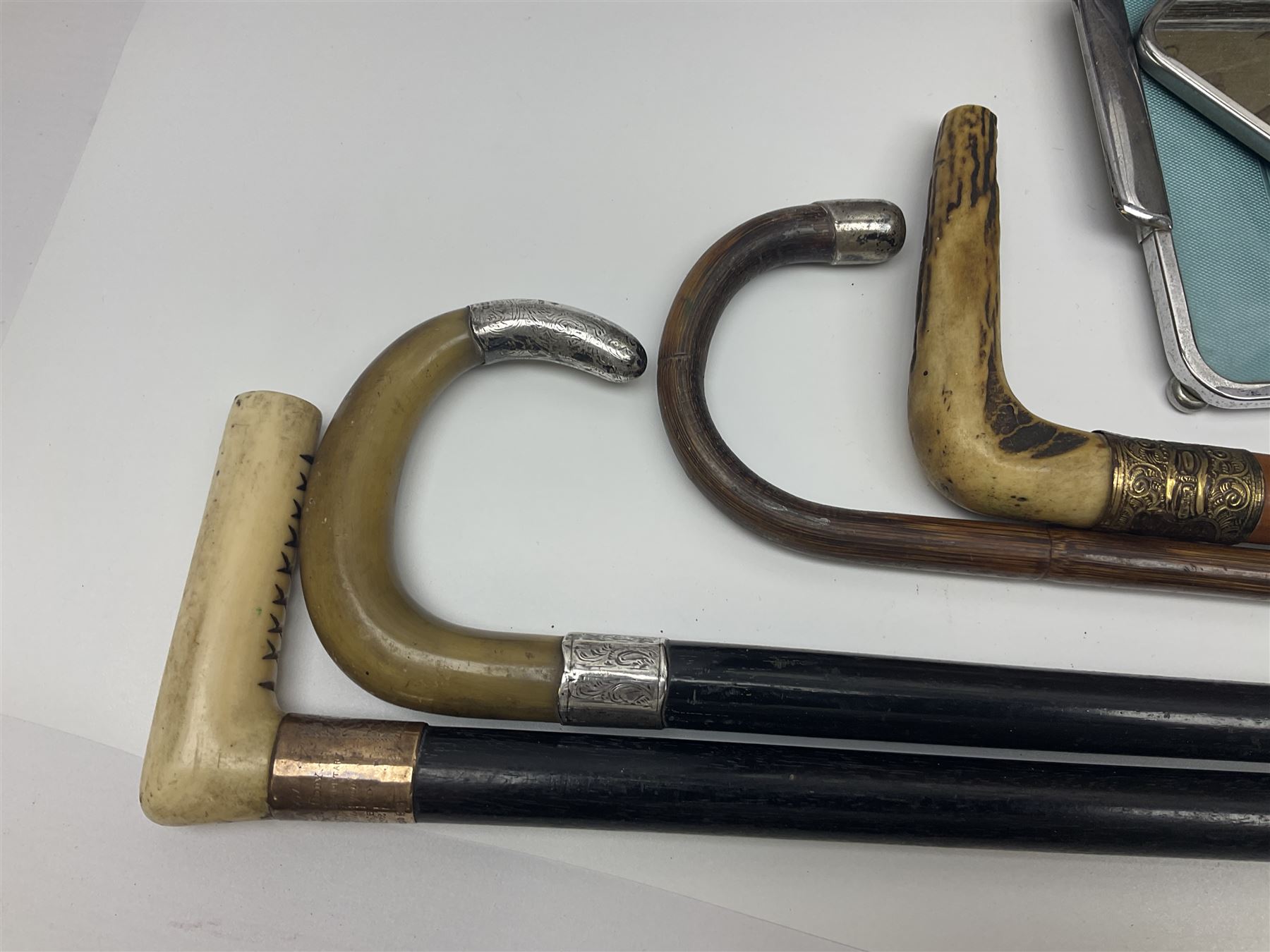 Tapestry fire screen, together with walking sticks, barometer, brass charger etc 