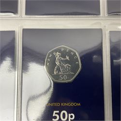 Queen Elizabeth II '50th Anniversary of the 50p 1969-2019' set of five fifty pence coins including 2019 Kew Gardens re-issue, each housed on Change Checker card