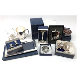  Ex-retail - Collection of silver & silver-plate by L R Watson: Golden Jubilee hallmarked silver mounted glass paperweight, trumpet vase, pair candlesticks, Celtic design hip flask, three piece cruet, tankard, brandy warmer, coaster and photo frame, with original boxes (9)  