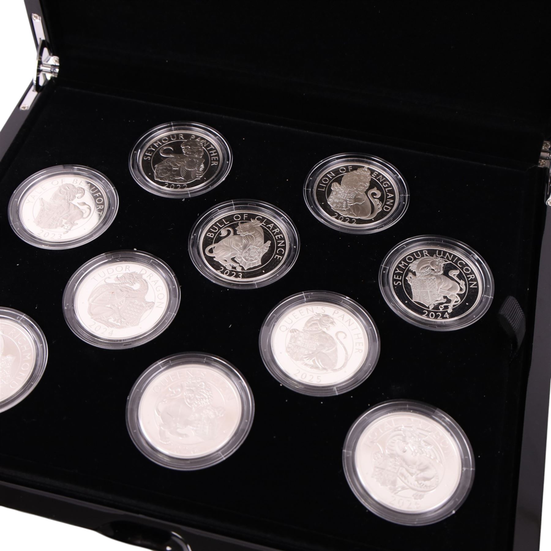 The Royal Mint United Kingdom 'The Royal Tudor Beasts' set of ten one ounce fine silver two pound coins, comprising 2022 (2), 2023 (2), 2024 (2), 2025 (2), and 2026 (2), cased with certificates