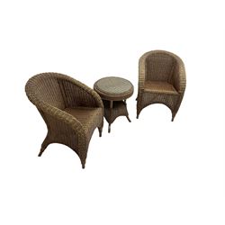 Conservatory suite - pair rattan tub armchairs (W60cm H82cm) and rattan circular side table with undertier (W50cm H55cm)