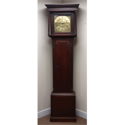  George III oak longcase clock, square brass dial signed 'Biglands Wigton' with faux date apature, case with quarter column angels, 30 hour movement striking hours on a bell, H207cm  
