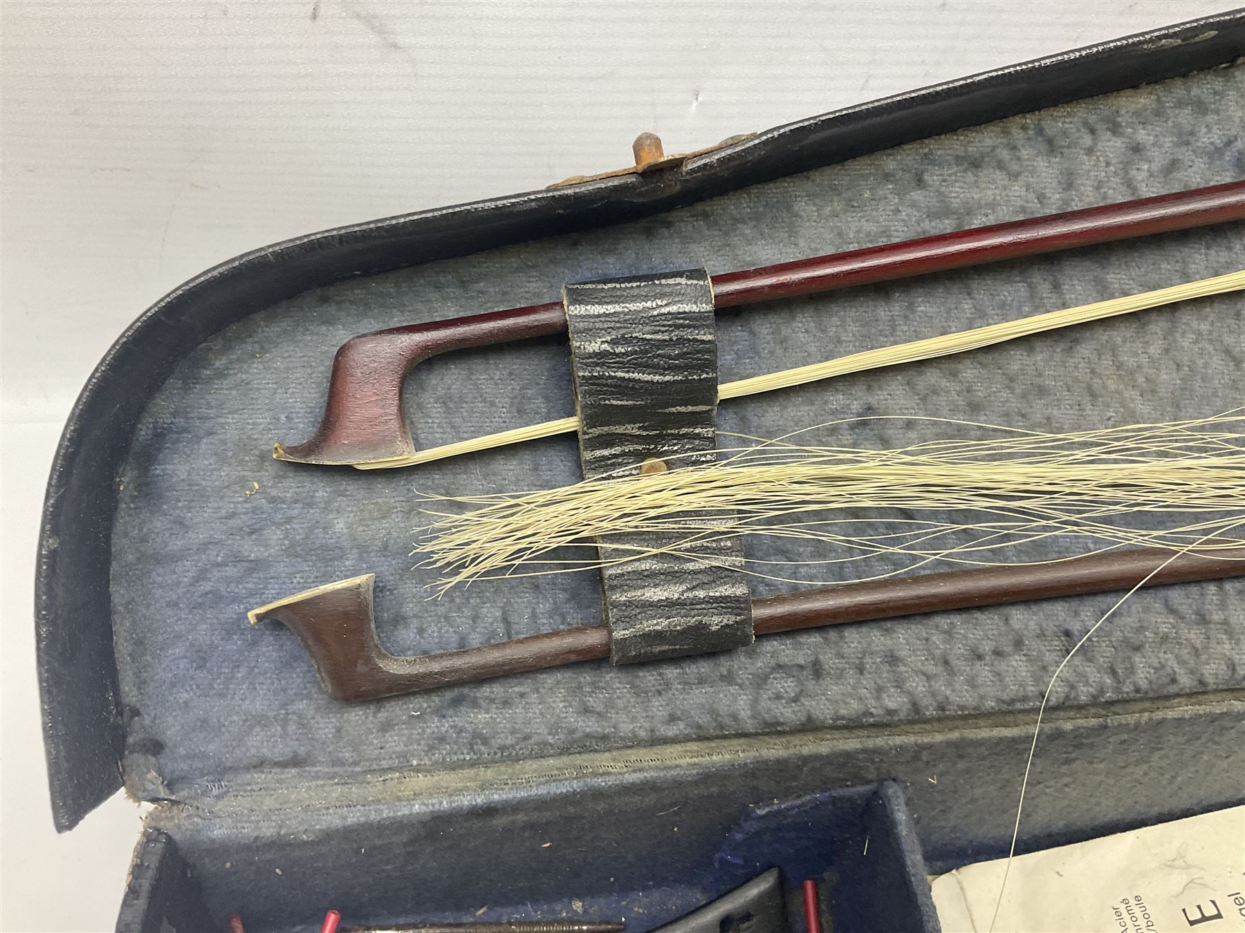 German trade violin c1900 with 35.5cm two-piece maple back and spruce top; bears label 'Made in Germany Apollo Class 6 No.2132' L59cm; in carrying case with two bows