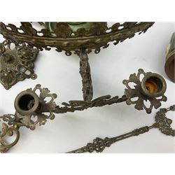 Dutch rise and fall brass ceiling light, cast with figures and foliate scrolls to six candle sconces, central oil lamp with Majolica style reservoir and pull weight, W45cm approx