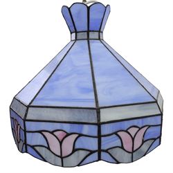 20th century Tiffany style stained glass centre light, the multi-sided shade formed from marbled blue glass panels bordered by a band of stylised floral motifs