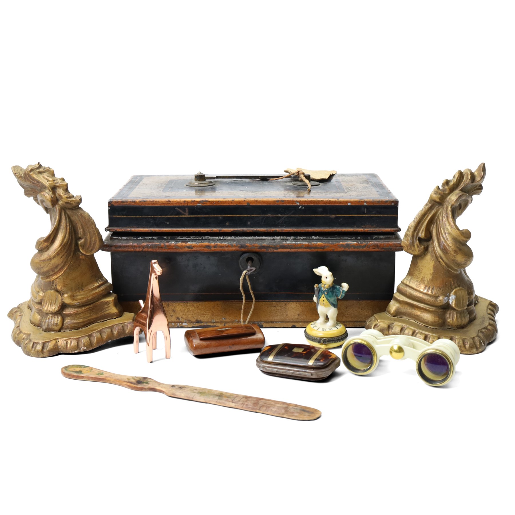 Collection of two gilt wooden wall brackets, tin money box, georgian snuff box, faux-tortoiseshell coin purse, umbra giraffe ring holder, white rabbit porcelain trinket box, opera glasses etc