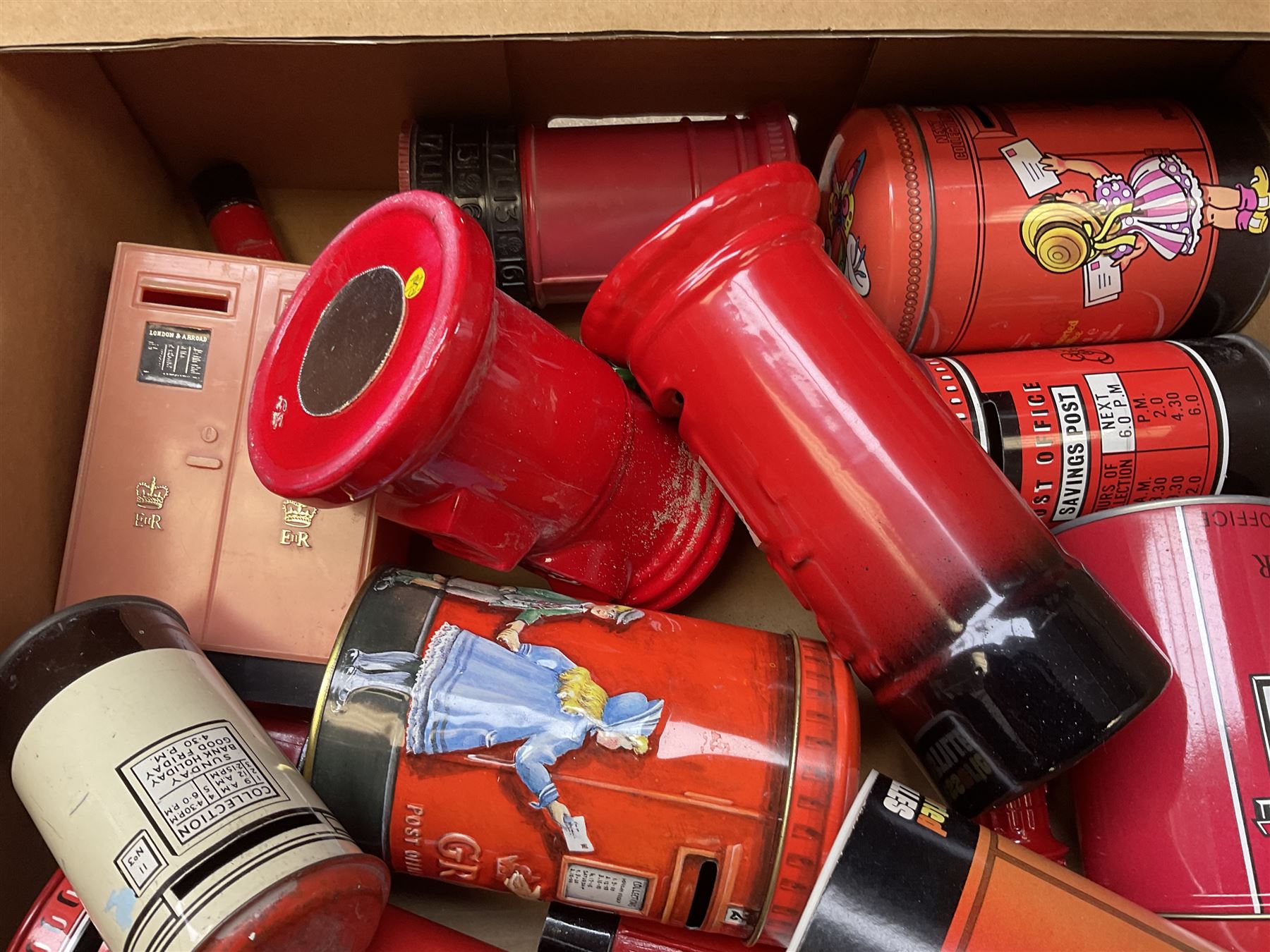 Collection of Post Box money boxes comprising ceramic, tin plate and plastic models, to include Crested Ware money boxes bearing motto ‘I Can’t Get a Letter From You So Send You The Box’ etc in three boxes