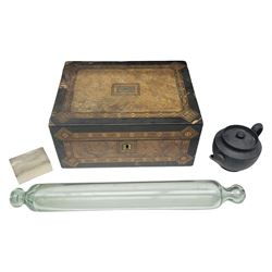 Victorian glass rolling pin, black basalt teapot, mother of pearl box with foliate engraving and sliding lid, and a wooden writing slope, with purple velvet interior, writing slope H14cm