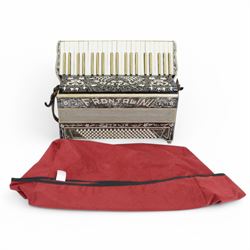 Two mid 20th century Italian accordions- manufactured by Frontalini and Cooperatiua both with a three octave keyboard compass and 120 bass buttons, with fretted sound grills and shoulder straps. 