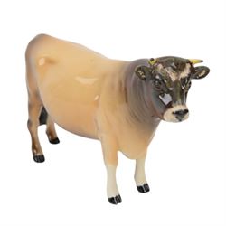 Five Beswick figures, Jersey family group; Bull Ch. Dunsley Coy Boy, model 1422, Cow Ch. Newton Tinkle, model 1345 and Calf, Hereford Bull and Fox 