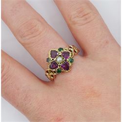 Victorian gold heart cut garnet, pearl and green stone set quatrefoil ring, with pierced design shoulders, in Collingwood & Sons box