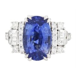 18ct white gold Ceylon sapphire and diamond dress ring, single oval cut sapphire of 4.65 c...