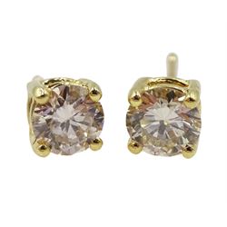 Pair of 18ct gold round brilliant cut diamond stud earrings, stamped 750, total diamond weight 0.80 carat, with certificate