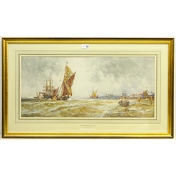  Frank Henry Mason (Staithes Group 1875-1965): 'Busy Day on the Thames', watercolour heightened in white signed 31cm x 67cm  DDS - Artist's resale rights may apply to this lot  