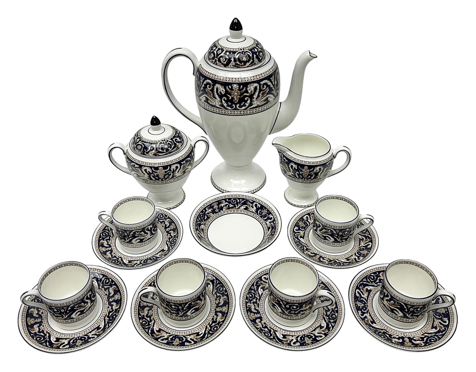 Wedgwood navy Florentine pattern coffee service for six, comprising coffeepot, coffee cans and saucers, milk jug, twin handled covered sucrier and small dish