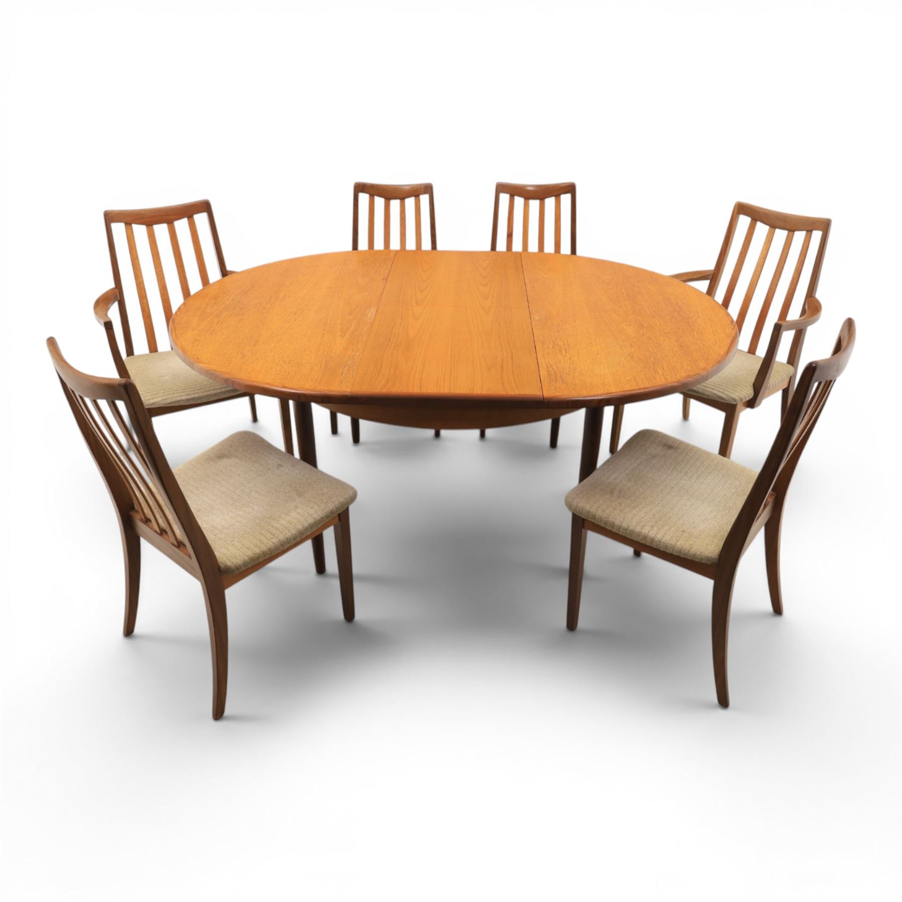 G-Plan - mid-20th century teak 'Fresco' circular extending dining table and six chairs, circular top with storable fold-over leaf extending to 166cm