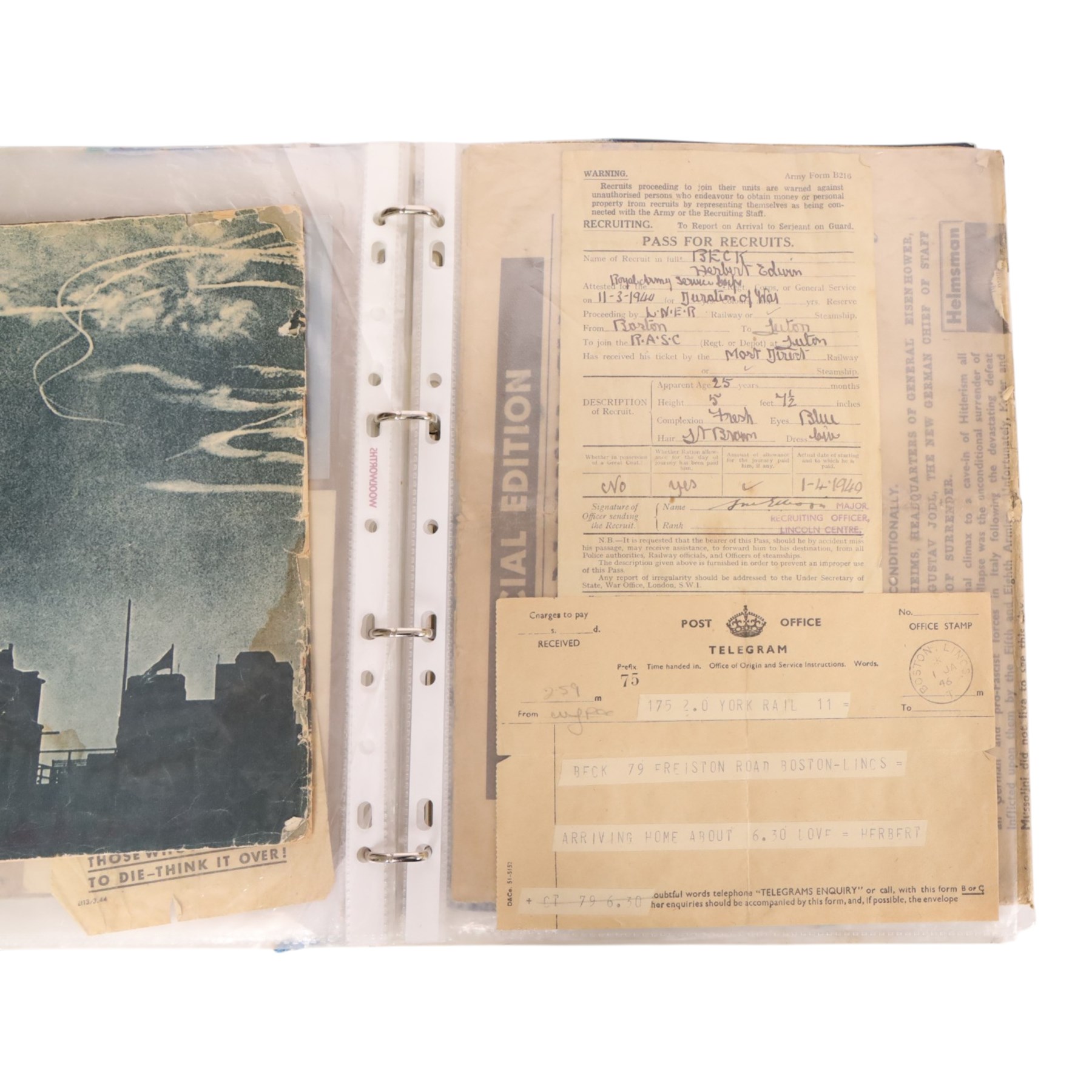 Collection of WWII ephemera, including photographs, postcards, identification cards, telegrams, newspapers 