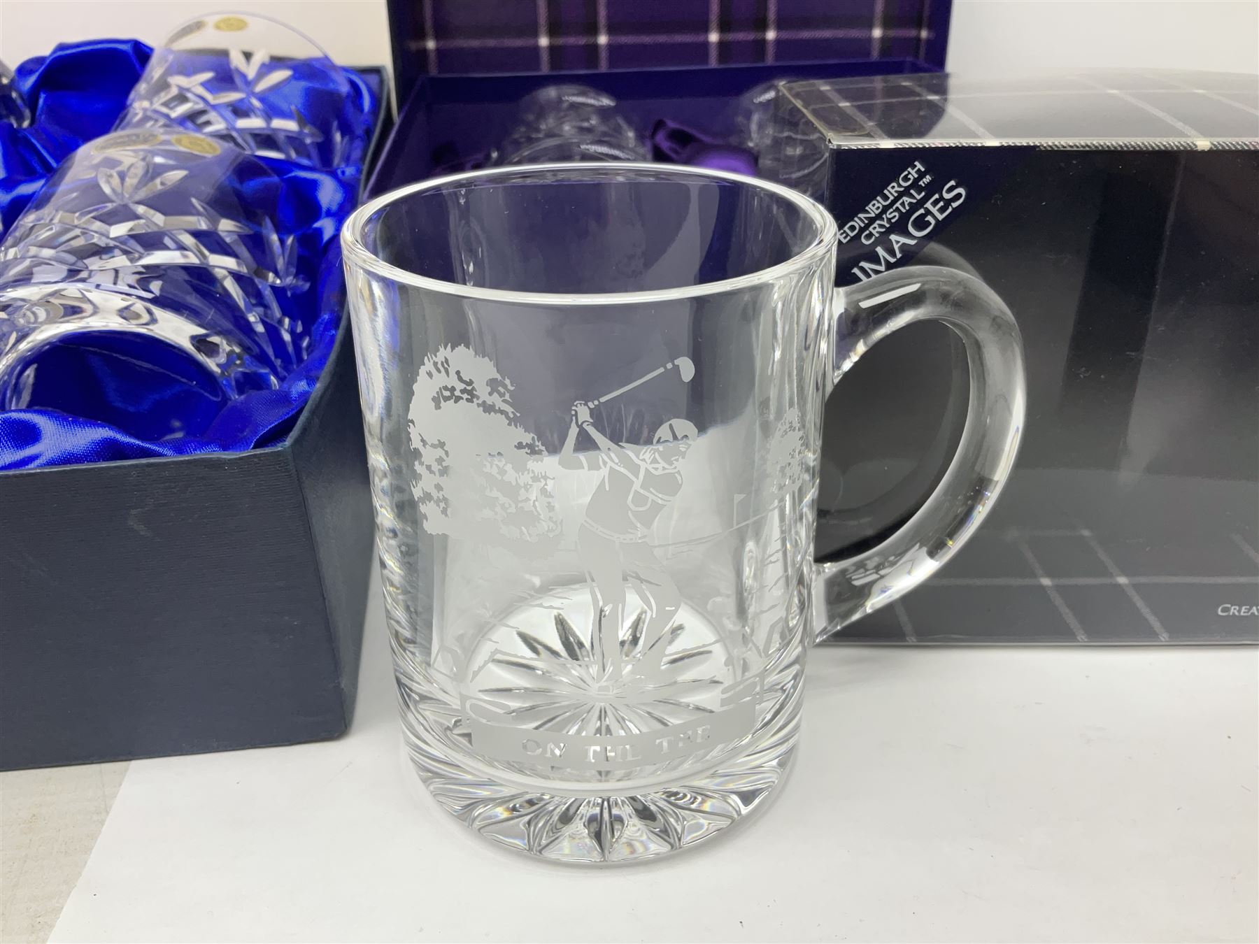 Bohemia Crystal cased decanter and four glasses set, Edinburgh crystal four tumbler set and boxed Edinburgh crystal etched glass