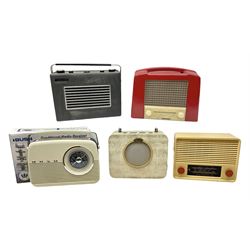 1950s Pye Type P43 cabinet radio in cream Bakelite case with orange knobs, W30cm H22cm D16cm, together with Ever Ready Sky Queen portable radio, Ekco portable radio in red case, Boxed Bush Special Edition 2002 Queens Golden Jubilee radio, Hacker Herald VHS radio (5)