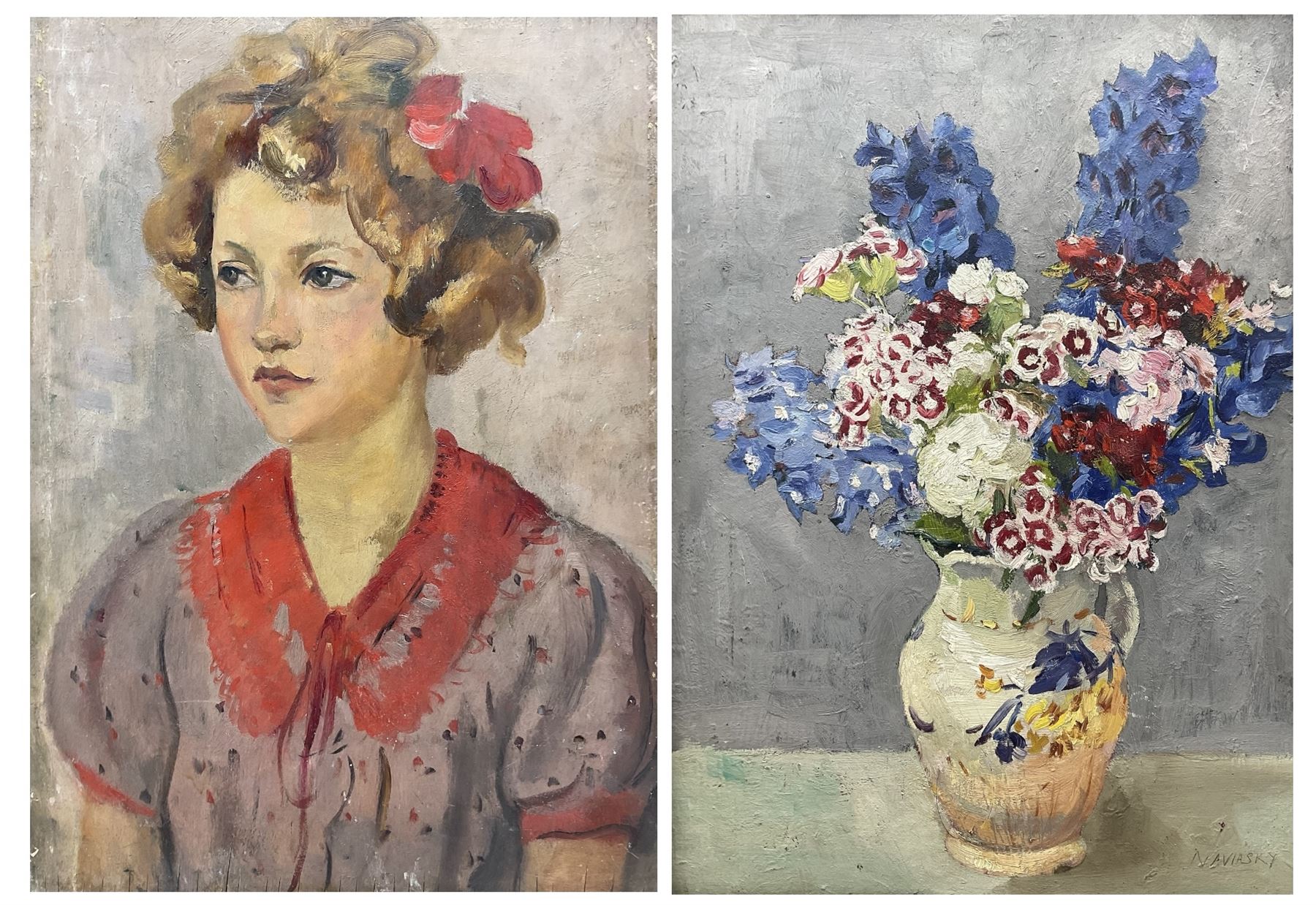 Philip Naviasky (Northern British 1894-1983): Still Life of Flowers in a Vase (recto) and Portrait of a Girl with a Bow in Her Hair (verso), two oils on board painted recto and verso, the former signed in pen 56cm x 41cm