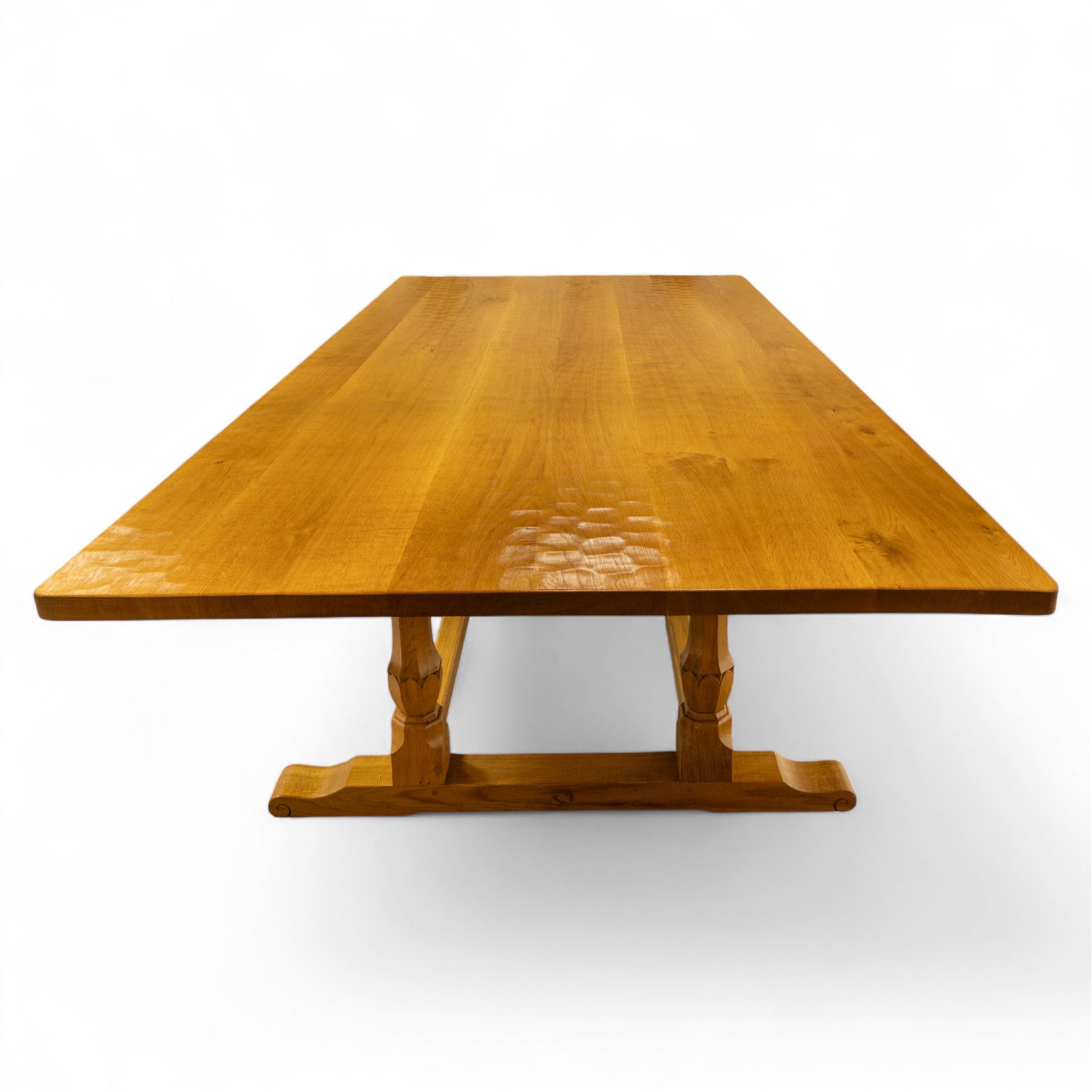 Wrenman - 10' x 5' adzed oak twin pillar dining table, with signature Wren carving on sleigh base, by Bob Hunter of Thirlby's workshop