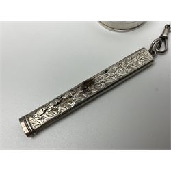 Victorian style silver chatelaine necklace, suspending eight silver sewing and similar accessories, including tape measure, needle case, pencil holder, powder compact and pill box