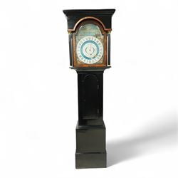 Thomas Emberson of Long Sutton (Lincolnshire) - Early 19th century longcase clock c1810 with a 30hr movement and an exceptionally rare 24-hour painted dial, housed in an ebonised Pine case with a flat pediment and break arch hood door, glazed side panels and turned pilasters with brass Corinthian capitals, trunk with a long door and conforming break arched top raised on a stepped plinth, fully painted dial with painted spandrels representing the four seasons and an operating automata depiction of ships at sea, rising and falling with the time of high and low water to the arch, with a 24-hour chapter with Roman numerals, five minute Arabic's, minute and inner quarter hour tracks, steel radial minute hand and image of the sun recording the hours, secondary inner dial illustrating the phases of the moon and lunar calendar recording the date and times of high and low water at Fosdike Wash (Lincolnshire), with an adjustable circular disc to the centre giving the times of high water at seven other locations including the Northern Pacific Ocean, dial attached to a countwheel striking chain driven movement, sounding the hours on a bell. With weight and pendulum.
Thomas Emberson is recorded not as a clockmaker but a machine maker from Long Sutton. This clock is also thought to have originally contained a musical movement, now removed, and was clearly an individual project possibly based on an earlier clock by John Ferguson illustrated in 