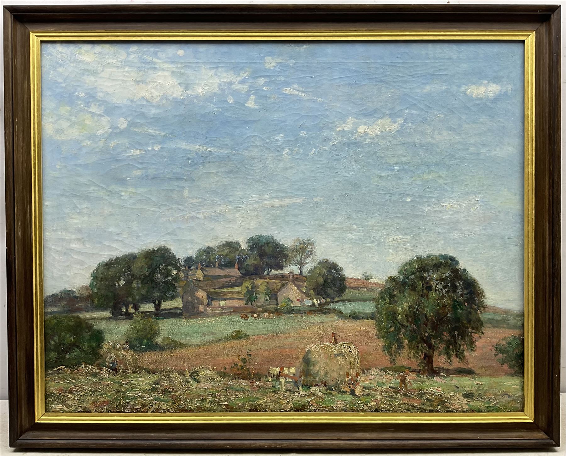 Stanley Royle (British 1888-1961): Harvesting with Cottages Beyond, oil on canvas unsigned 69cm x 90cm