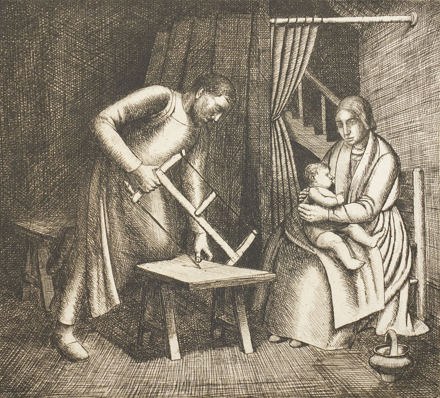 Frederick George Austin (British 1902-1990): The Carpenter and His Family, drypoint etching signed and dated 1929 in pencil 14cm x 16cm (unframed)
Provenance: direct from the granddaughter of the artist