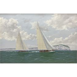 George Drury (British 1950-): 'Velsheda and Shamrock off the Needles', oil on board signed, titled verso 74cm x 49cm