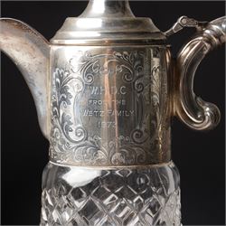 Glass claret jug with engraved silver mounts Birmingham 1972 Maker Garrard & Co. Ltd
