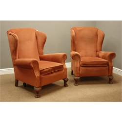  Pair early 20th century Georgian style wingback armchairs, carved acanthus leaf and hairy paw feet, sprung seats, W83cm  