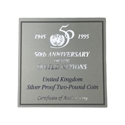 Three The Royal Mint United Kingdom silver proof coins, comprising 1995 '50th Anniversary of the United Nations' two pounds, 1996 'A Celebration of Football' two pounds and 1996 'Her Majesty Queen Elizabeth II 70th Birthday' five pounds, all cased with certificates