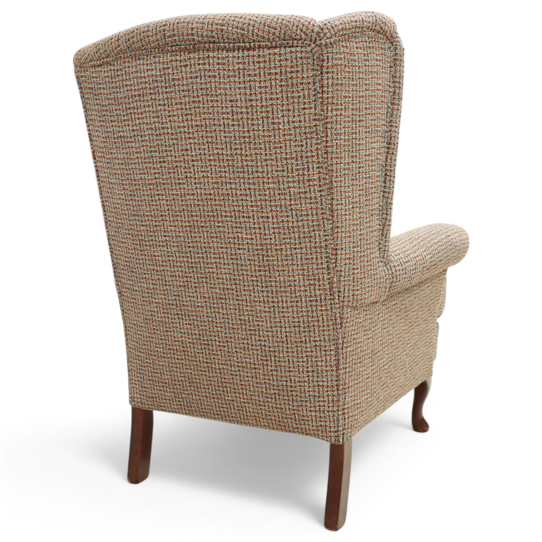 Whitehead designs - Georgian design 'Oakham' wingback armchair on cabriole legs with pad feet, upholstered in pink tweed fabric