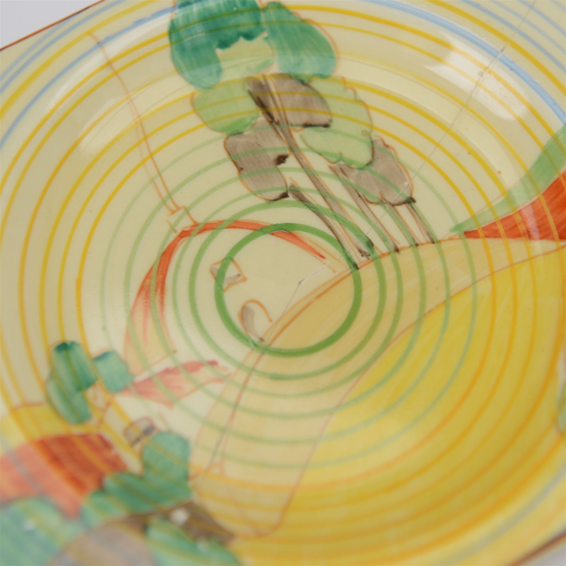 Clarice Cliff Biarritz sandwich set, comprising a rectangular platter and six side plates, all in the Brookfields pattern, the platter with printed Clarice Cliff Newport Pottery and The Biarritz Royal Staffordshire mark beneath, platter H23cm, W19.5cm
