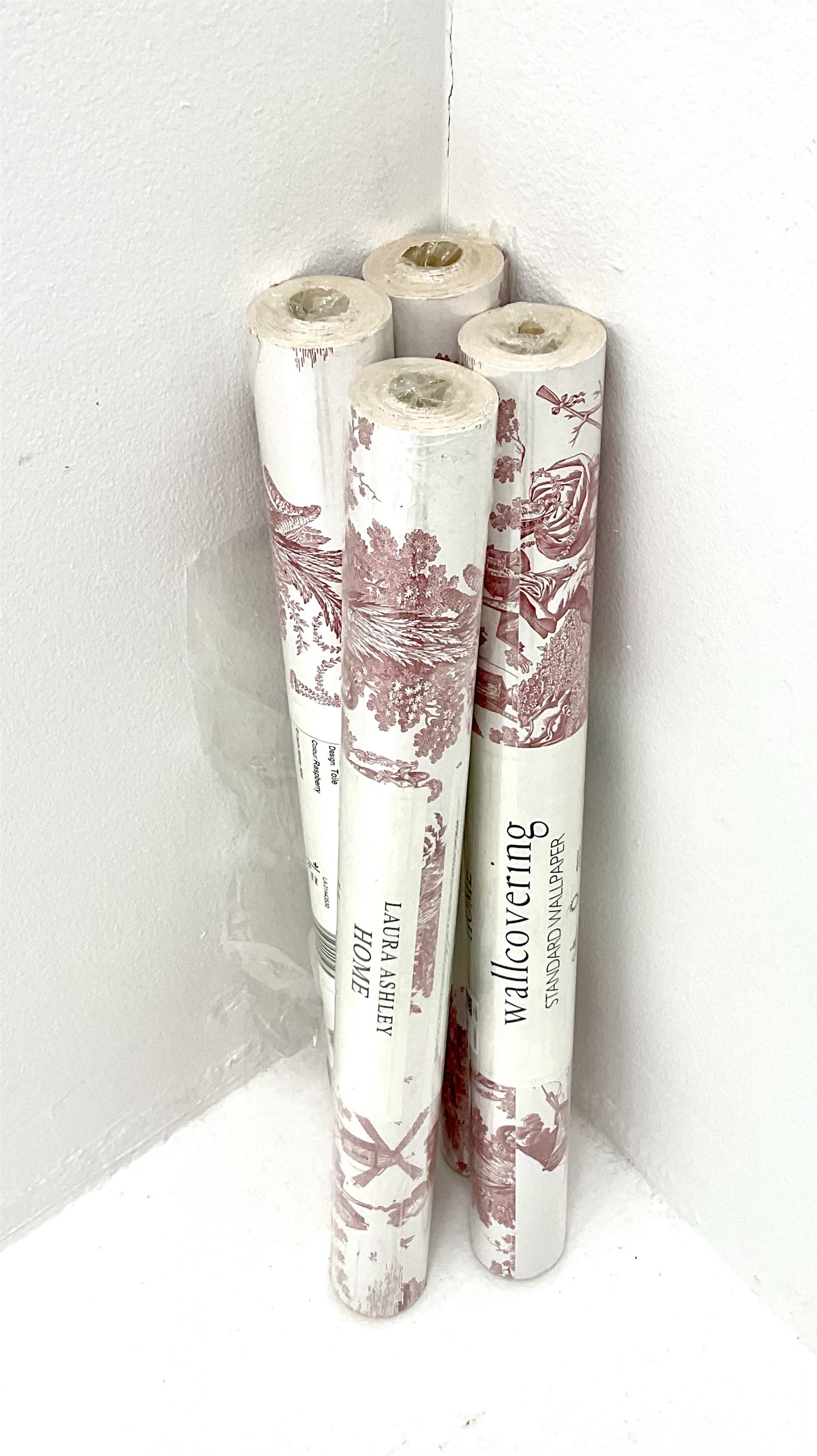 Four rolls of Laura Ashley toile wallpaper in Raspberry colour (L10m, W53cm)