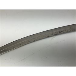 19th Century Indian Tulwar sword with 77cm single edged, slightly curved fullered blade;  steel crossguard, langets, grip and spiked disc pommel with stiff leaf decoration L90cm overall