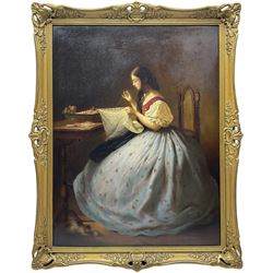 Anton Hölperl (Czech/Austrian 1820-1888): Girls Spinning, Embroidering and Grinding Coffee in Traditional Gowns, set three oils on canvas signed and dated 1863, 57cm x 43cm (3)