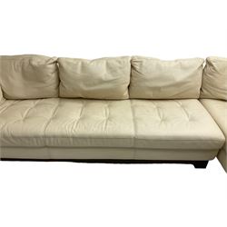 Roche-Bobois - large corner sofa, upholstered in ivory leather with buttoned seat cushions, raised on a stained beech base with bracket feet