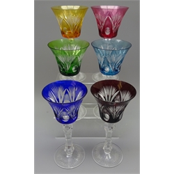  Harlequin set of six long stemmed Bohemian flash-cut glass wine glasses, H21cm (6)  