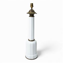 19th century Bohemian white glass table lamp of facetted mallet form with brass mounts H53...