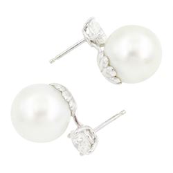Pair of 18ct white gold South Sea pearl and round brilliant cut diamond stud earrings, London 2004, total diamond weight approx 2.25 carat