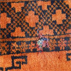 Persian Beluchi indigo ground prayer rug, overall geometric design (147cm x 85cm); together with a Bokhara rust ground rug (146cm x 101cm)