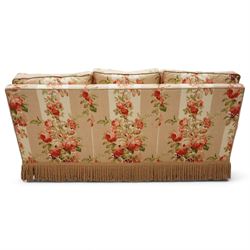 Edwardian design two-seat sofa (W165cm, H83cm, D106cm); and matching pair of armchairs (W80cm); upholstered in striped fabric decorated with floral bouquets and gold fridge