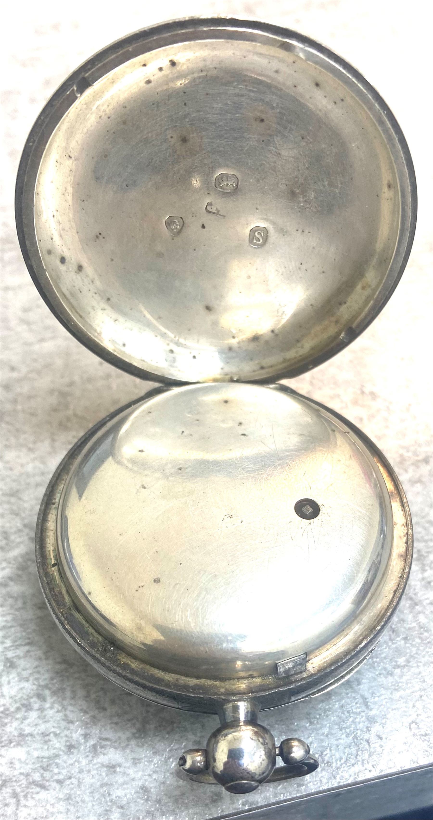 William IV English lever fusee pocket watch by John Morse, Malmesbury, No. 969, round pillars, engraved balance cock decorated with a mask and diamond endstone, white enamel dial with Roman numerals and subsidiary seconds dial, case makers mark J.P, London 1833 