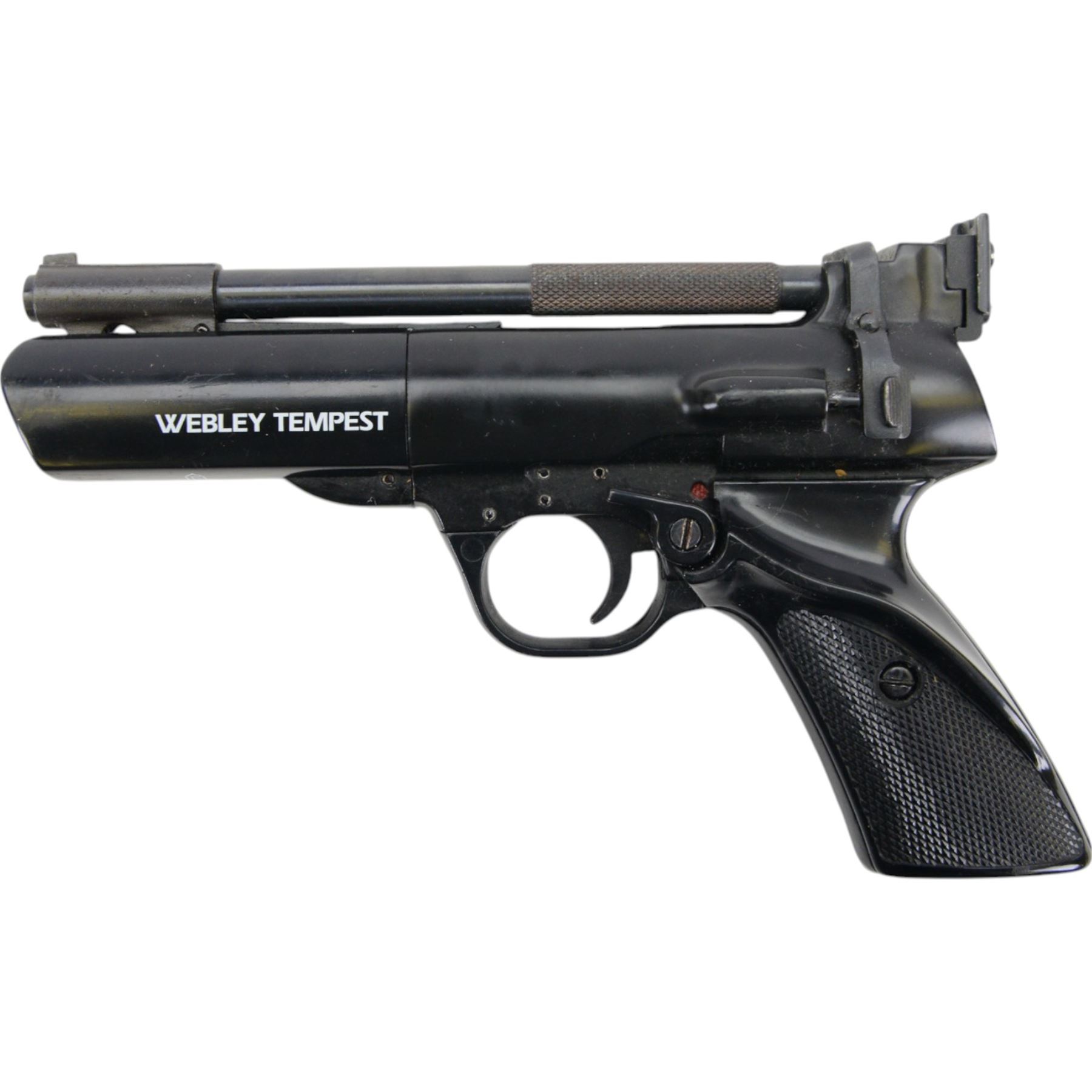 Webley Tempest .22 air pistol, the chamber marked 'Webley Tempest' and 'Webley & Scott Ltd. Made in England' beneath, with black checkered grip, H16cm, L28cm