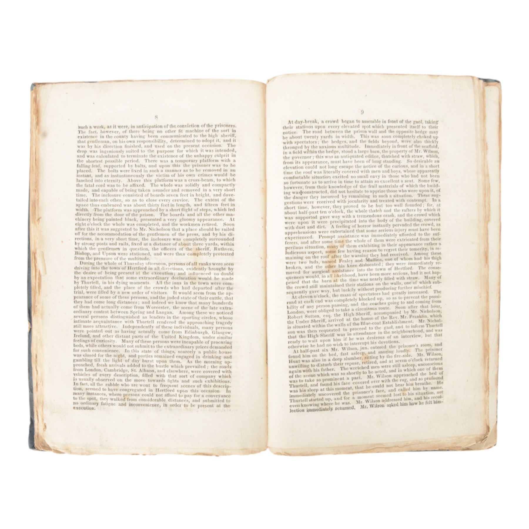 Pierre Egans; Account of the Trial of Joseph Thurell and Joseph Hunt, published Knight & Lacey London, 1824 and Le Petit Journal framed illustrated images of execution of Doctor Crippen, circa 1910, H45cm, L62cm  