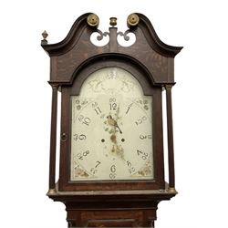 Late 18th century oak 8-day longcase clock, with a swan necked pediment and brass paterie, 
break arch hood door flanked by detached reeded pilasters, trunk with recessed quarter pillars and a long flat topped door, on a square plinth with canted corners, early painted dial with Arabic numerals and floral decoration to the arch and spandrels, with stamped brass hands and date recorder, weight driven two train movement with baluster movement pillars and an internal countwheel strike (bell missing). With pendulum and weights.  No makers name.
