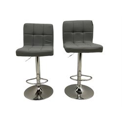 Pair contemporary bar stools, upholstered in grey, on polished metal base